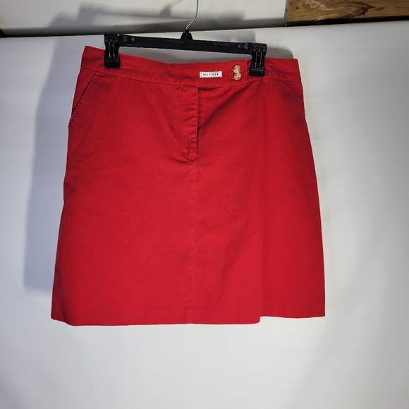Womans Tommy Hilfiger Red Knee Length Cotton Skirt Offset Button Closure Size 12 - Picture 1 of 11